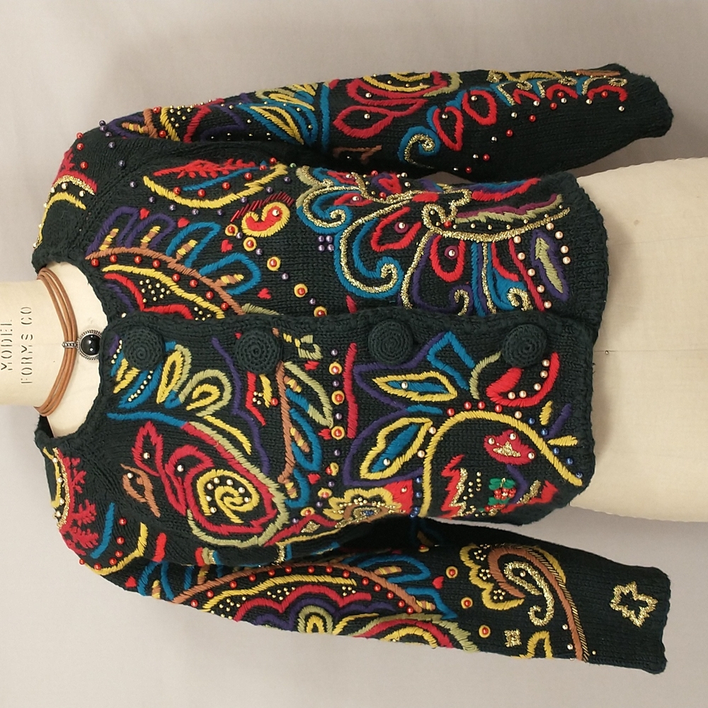 Vintage Michael Simon Festive Cardigan Sweater Lively Colorful Boxy Shape 80s/90